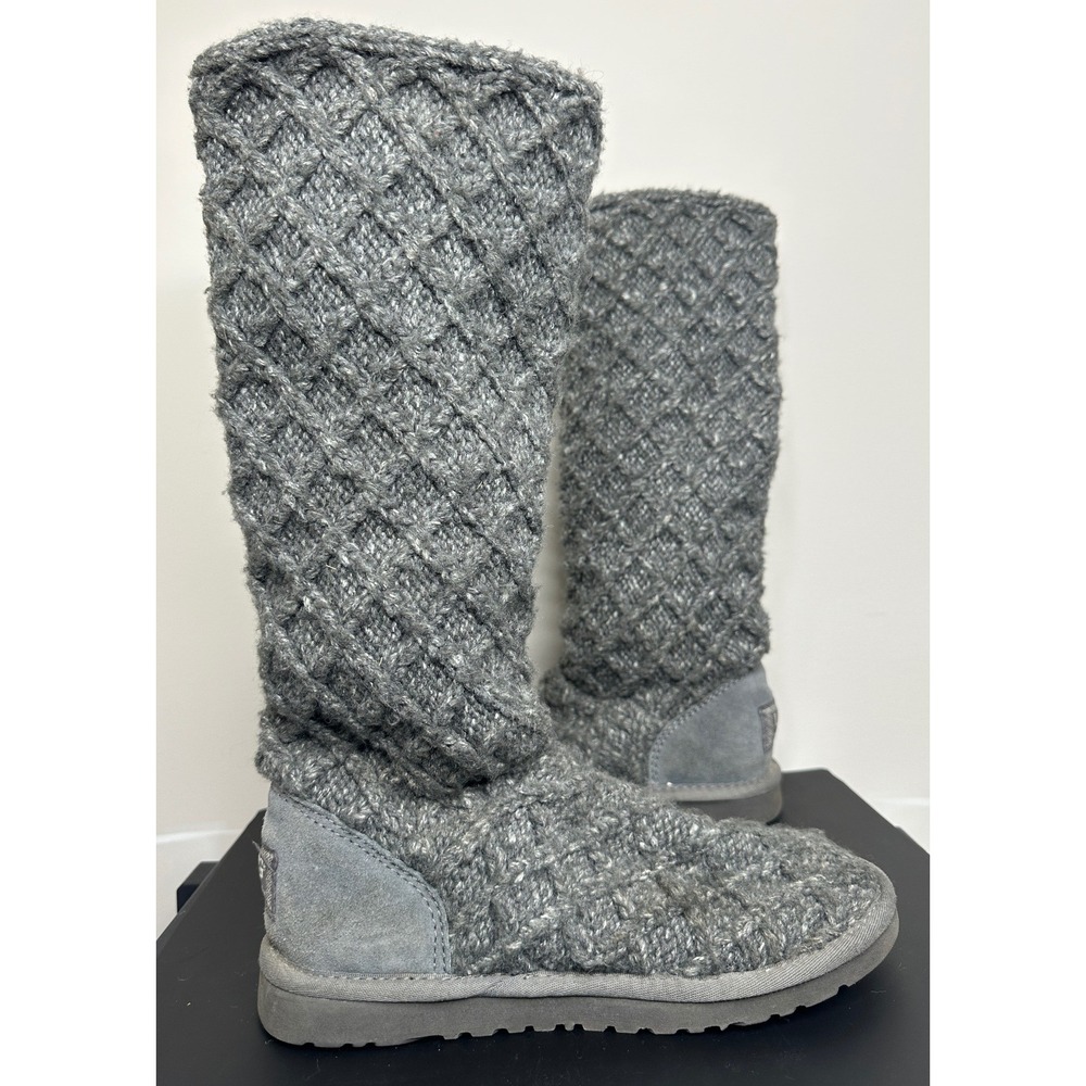 UGG Lattice Cardy Boot Women 6 Grey Knit Tall 3-Button S/N 3066